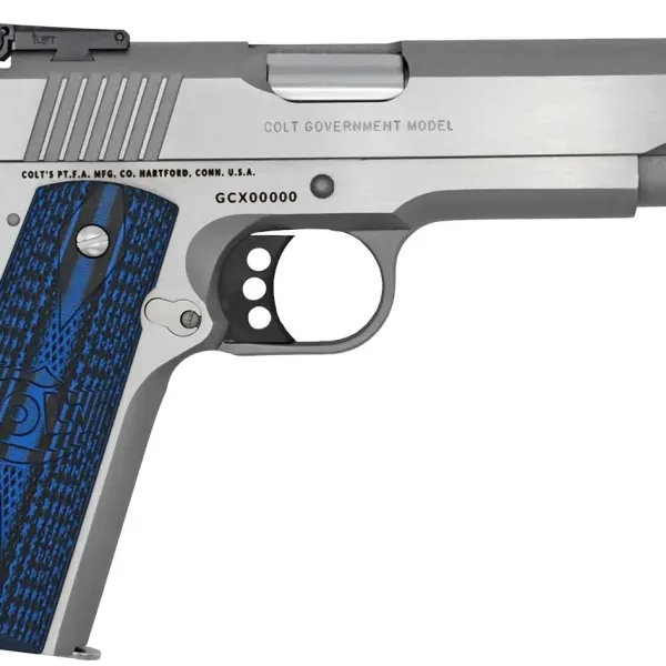 Colt Mfg O5073GCL Gold Cup Lite  38 Super 8+1 5" Stainless National Match Barrel, Stainless Steel Serrated Slide, Stainless Steel Frame w/Beavertail, Blue Scalloped G10 Grip, Ambidextrous