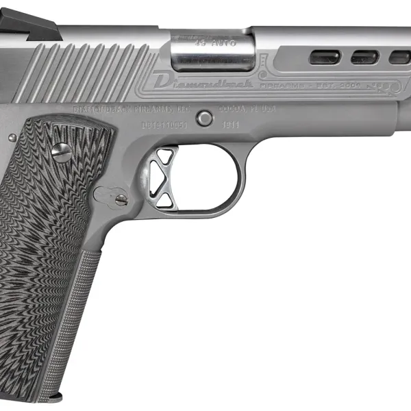Diamondback DB1911SS 1911 Limited Edition 45 ACP 8+1 5" Stainless Match Grade Barrel, Ported/Serrated w/Engraving Stainless Steel Slide & Frame w/Beavertail, Black G10 Grip, Ambidextrous