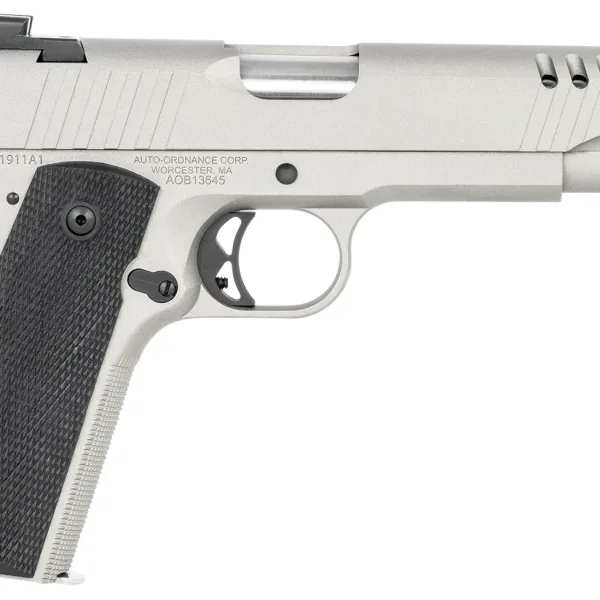 Auto-Ordnance 1911TCAC6 1911 A1  45 ACP 7+1 5" Savage Silver Cerakoate, Serrated/Ported Slide,  Black Rubber Grips, Fixed 3-Dot Combat Day Sights