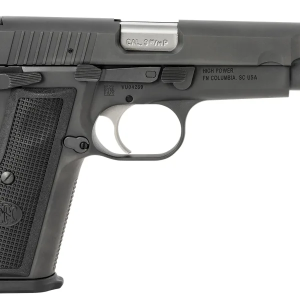 FN 66100256 High Power  9mm Luger 17+1, 4.70" Black Target Crown Steel Barrel, Black PVD Serrated Steel Slide & Steel Frame w/Beavertail, Black Textured Polymer Grip, Ambidextrous