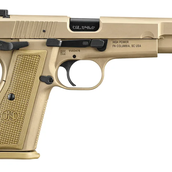 FN 66101069 High Power  9mm Luger 17+1, 4.70" Black Target Crown Steel Barrel, Flat Dark Earth PVD Serrated Steel Slide & Steel Frame w/Beavertail, FDE Textured Polymer Grip, Ambidextrous