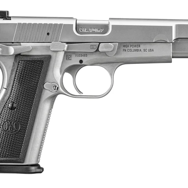 FN 66101116 High Power  9mm Luger 10+1 4.70" Black Target Crown Steel Barrel, Stainless PVD Serrated Steel Slide, Matte Stainless Steel Frame w/Beavertail, Black Textured Polymer Grip, Ambidextrous