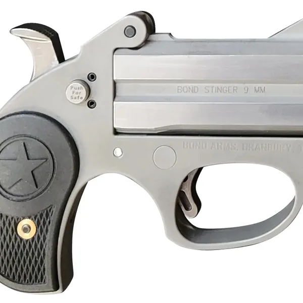Bond Arms BASRS Stinger  9mm Luger 2rd 2.5" Matte Stainless Steel Double Barrel & Frame, Rebounding Hammer, Blade Front/Fixed Rear Sights, Black Rubber Grip, Manual Safety