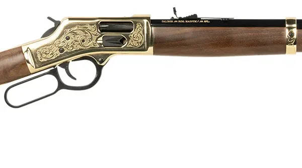 Henry H006GD Side Gate Deluxe 44 Mag/44 Special 10+1 20" Blued Octagon Barrel, Engraved Polished Brass Rec, Semi-Fancy American Walnut Stock, Adj. Sight