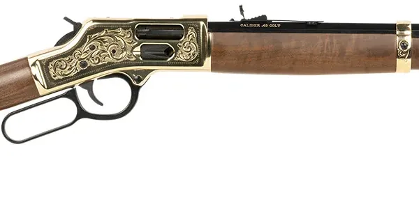 Henry H006GCD Deluxe Side Gate  Full Size 45 Colt (Long Colt) 10+1 20" Blued Octagon Barrel, Polished Brass Engraved Receiver, Drilled & Tapped, Fixed American Walnut Stock Ambidextrous