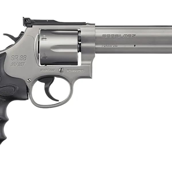 SAR USA SARSR38ST6 SAR SR  38 Special/357 Mag 6 Shot, 6" Stainless Steel Barrel, Cylinder & Frame w/Black Finger Groove Grip, Drop Safety/Hammer Block Safety, Exposed Hammer