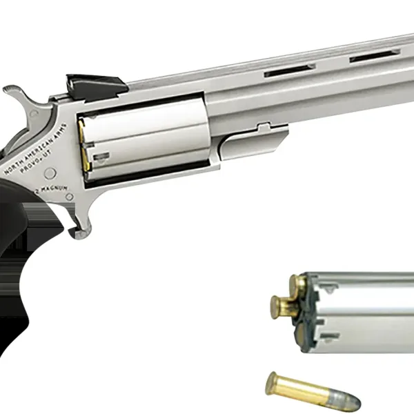 North American Arms MMC Mini-Master *CA Compliant 22 LR or 22 WMR 5rd 4" Vent Rib Barrel, Overall Stainless Steel Finish & Finger Grooved Black Rubber Grip Includes Cylinder