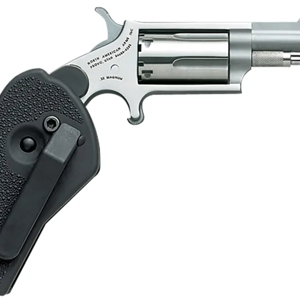 North American Arms 22MCHG Mini-Revolver  22 LR or 22 WMR 5 rd 1.63" Barrel, Overall Stainless Steel Finish, Black Synthetic Holster Grip Includes Cylinder