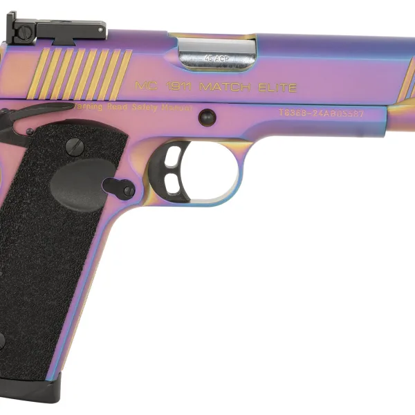 Girsan 391091 MC1911  Full Size Frame 45 ACP 8+1 5" Stainless Bull Barrel, Multi Color PVD Coating Serrated Steel Slide, Multi Color PVD Coating Steel Frame w/Beavertail, Black Textured Grip