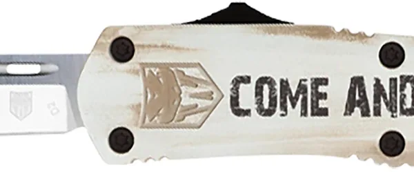 CobraTec Knives MCATIFS3TNS FS-3 Come And Take It 3" OTF Tanto Plain D2 Steel Blade/White w/"Come And Take It" Cerakoted Aluminum Handle Features Glass Breaker Includes Pocket Clip