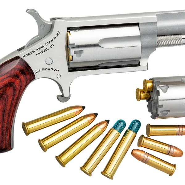 North American Arms 22MC Mini-Revolver  22 LR/22 WMR 5 Shot 1.63" Stainless Steel Barrel, Frame & Cylinder, Rosewood Grip, Exposed Hammer
