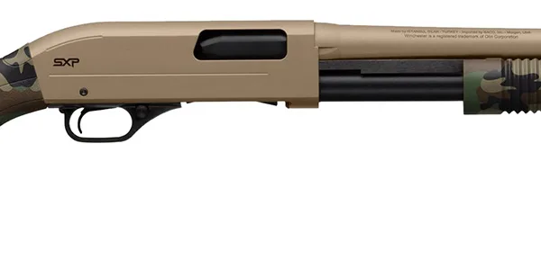Winchester Repeating Arms  SXP Defender 20 Gauge 3" 5+1 (2.75") 18" Barrel, FDE Drilled & Tapped Rec, Woodland Camo Textured Stock, Tactical  Ribbed Forearm, Inflex Recoil Pad