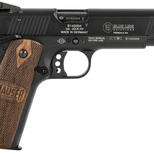 Mauser Rimfire 4110605 1911  22 LR 10+1 5" Black Steel Barrel, Black Aluminum Slide, Black Aluminum Frame w/Beavertail, Walnut Grip, Ambidextrous