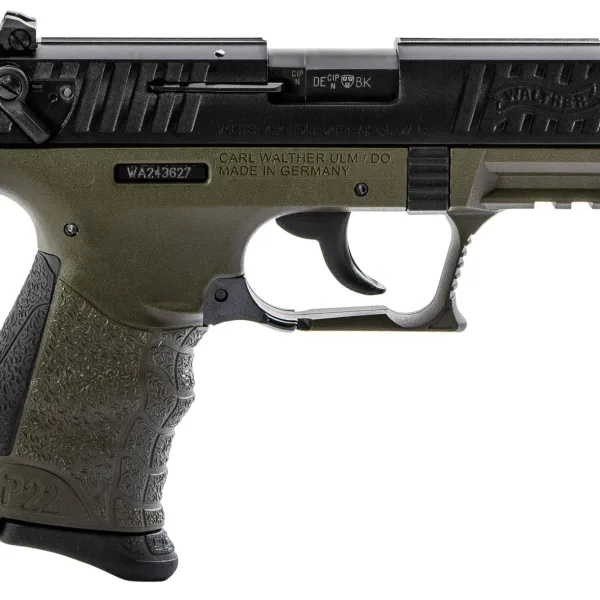 Walther Arms 5120715 P22 Q Military 22 LR 10+1 3.42" Steel/Threaded Barrel, Matte Black Tenifer Serrated/Steel Slide, OD Green Polymer Frame w/Picatinny Rail, Black Interchangeable Backstrap Grips