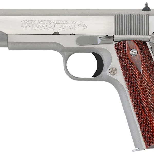 Colt Mfg O1070A1CS 1911 Government 45 ACP 8+1 5" Stainless National Match Barrel, Brushed Stainless Serrated Slide & Frame w/Beavertail, Double Diamond Checkered Wood Grip