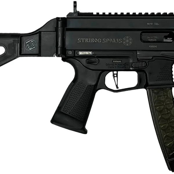 Grand Power 810091152836 Stribog SP9A35S 9mm Luger 30+1 8" Black Picatinny Rail Receiver, SB Tactical Brace, Black Polymer Grip