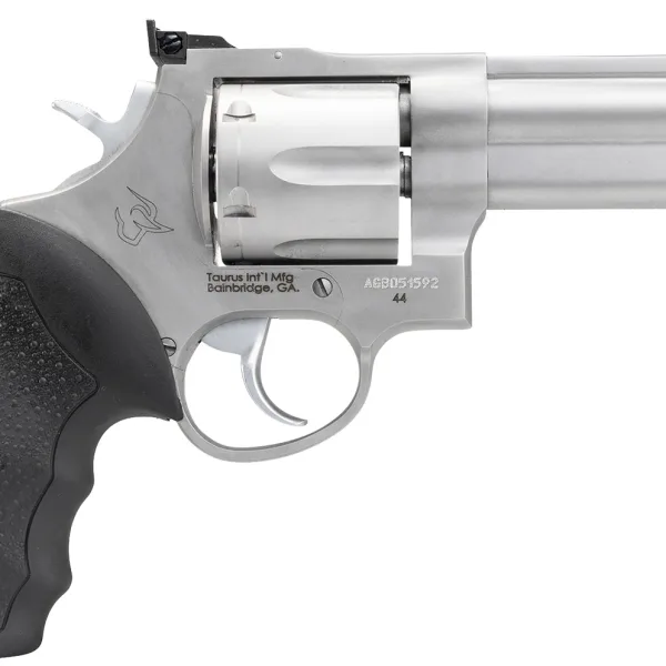 Taurus 2-440049 44  Large 44 Rem Mag 6 Shot 4" Matte Stainless Ported Barrel, Cylinder & Frame, Black Finger Grooved Rubber Grip, Transfer Bar Safety, Exposed Hammer