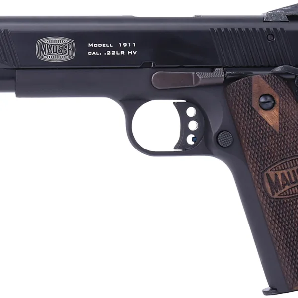 Mauser Rimfire 4110602 1911  22 LR 10+1 5" Black Steel Barrel, Black Serrated Slide, Black Aluminum Frame w/Beavertail, Walnut Grip, Ambidextrous