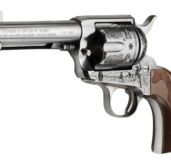 Pietta PFI45CP434EW Cowpoke 45 Colt (Long Colt) 6 Shot 4.75" Nickel Barrel, Nickel Engraved Cylinder & Frame, Cowhide Walnut Engraved Grip, Exposed Hammer