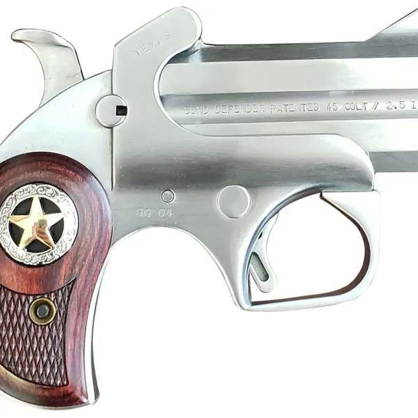 Bond Arms BARD Rustic Defender  Sports South Exclusive 45 Colt (LC) Caliber or 2.50" 410 Gauge 2rd 3" Barrel, Stainless Steel Finish, Rosewood Grip w/Integrated Star, Includes Exclusive Holster Packag