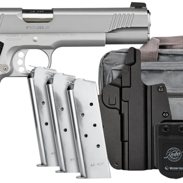 Kimber Mfg, Inc 3700826 Stainless LW Club Bundle Full Size Frame 45 ACP 7+1 5" Stainless Match Grade Barrel, Serrated Stainless Steel Slide, Stainless Aluminum Frame w/Beavertail, Black Textured Grip