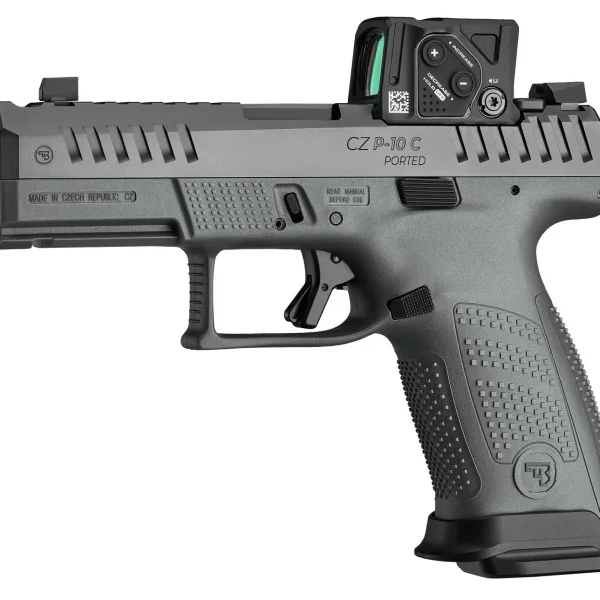 CZ-USA 91582 P-10 C  Compact 9mm Luger 15+1 4" Black Nitride Integral Compensator Barrel, Black Nitride Steel Serrated w/Optic Slide, Black Polymer Frame w/Accessory Rail Textured Grip, Aimpoint COA 3