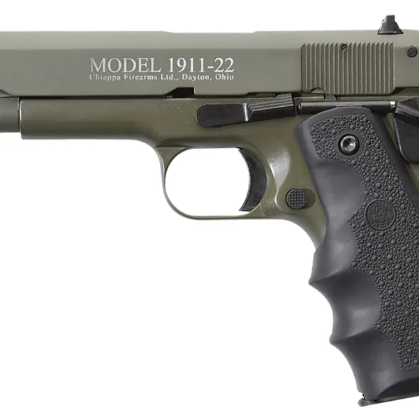 Chiappa Firearms 401121 1911-22  22 LR 10+1 5" OD Green Serrated Steel Slide & Beavertail Frame, Black Hogue Rubber w/Finger Grooves Grip