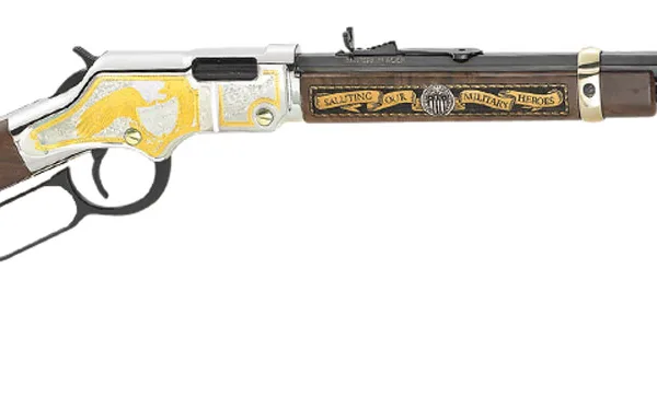 Henry H004MS2 Golden Boy Military Service Tribute 2 Full Size 22 Short, 22 Long, 22 LR, 16 LR/21 Short, 20" Blued Barrel, Nickel-Plated Metal Finish & American Walnut Stock Right Hand
