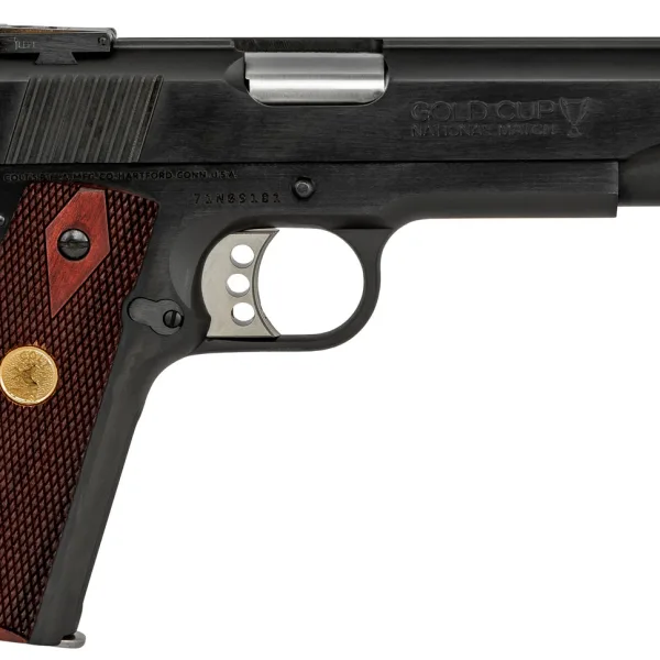 Colt Mfg O5873A1 1911 Gold Cup 38 Super Caliber with 5" National Match Barrel, 9+1 Capacity, Overall Blued Finish Steel, Serrated Slide & Double Diamond Checkered Rosewood Grip