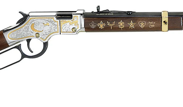 Henry H004ES2 Golden Boy Eagle Scout Tribute 2nd Edition 22 S/L/LR 16+1 20" Blued Octagon Barrel, Nickel Plated w/Selective 24kt Gold Plating Drilled & Tapped Receiver, American Walnut Straight
