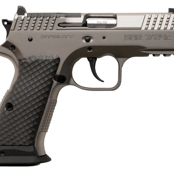 Sarsilmaz SAR7/24C 7/24  Compact 9mm Luger 17+1 Matte Stainless Steel Frame w/Beavertail & Picatinny Rail, Black Polymer Grip