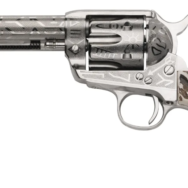 Taylors & Company 200063 1873 Cattle Brand 45 Colt (LC) Caliber with 5.50"  Barrel, 6rd Capacity Cylinder, Overall Nickel-Plated Engraved Finish Steel & Imitation Stag Grip