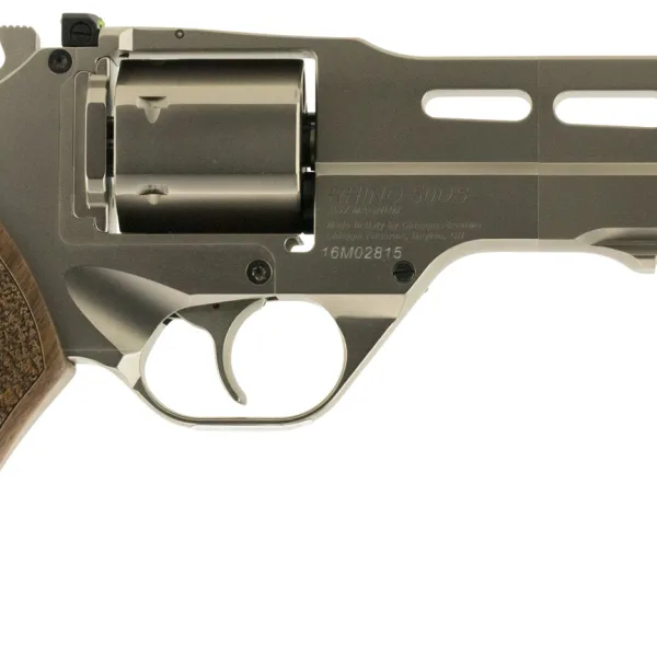 Chiappa Firearms 340223 Rhino 50DS Medium Frame 357 Mag 6 Shot, 5" Nickel-Plated Steel Vent Rib Barrel & Cylinder, Nickel-Plated Aluminum Frame, Walnut Grip, Exposed Hammer