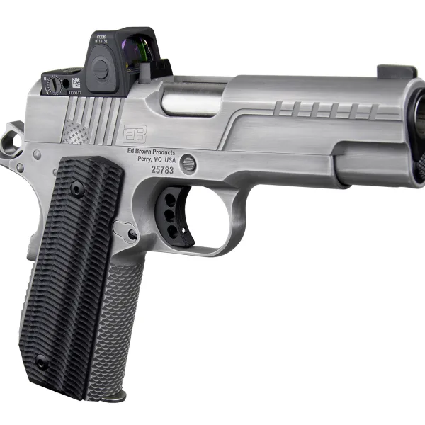 Ed Brown FX2SS FX2  45 ACP 7+1 4.25" Recessed Crown Barrel, Stainless Steel Engraved American Flag/Serrated Slide, Stainless Steel Frame, Trijicon RMRcc 3.25 MOA Sight